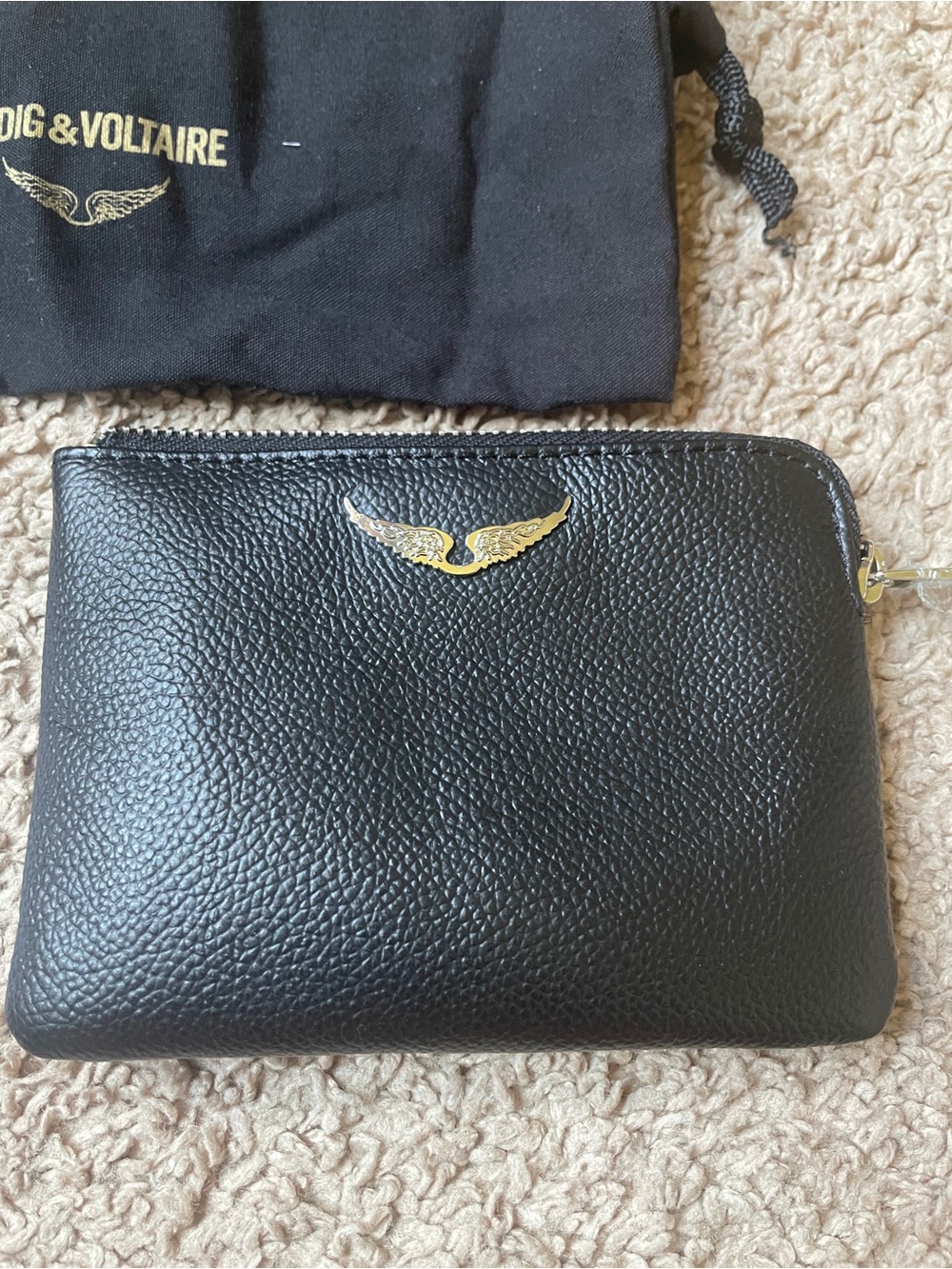 Zadig & Voltaire Black Leather Zip Pouch with Silver Wing Logo
